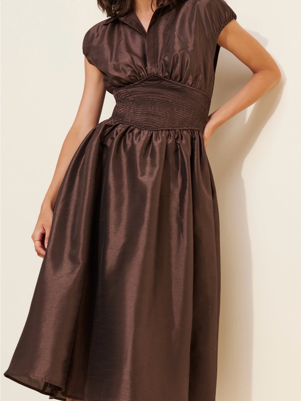 Hutch Brown Shirred-Waist Maxi Dress Medium Petite - Picture 2 of 12